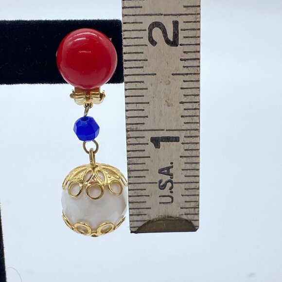 Vintage Hong Kong Red Blue & White Clip-On Dangle Earrings Gold-Tone Filigree - Picture 4 of 9